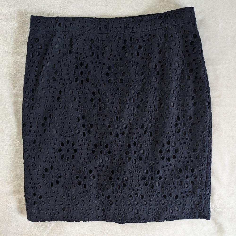 J. Crew Navy Eyelet Overlay No 2 Pencil Skirt Womens Size 14 Knee Length Sheath